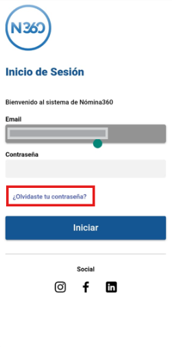 Enlace ¿Olvidaste tu contraseña? en la pantalla de inicio