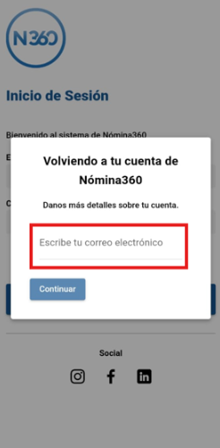 Campo de correo electrónico para recuperar la contraseña
