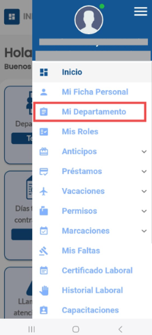 Menú lateral con la opción Mi Departamento