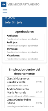 Pantalla con la información del departamento del empleado