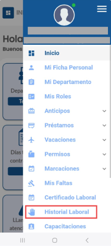 Menú lateral con la opción Historial Laboral