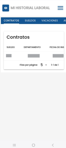 Pantalla con el historial laboral del empleado