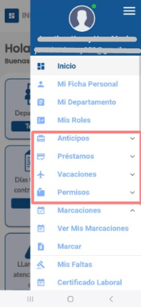 Pantalla con los tipos de solicitudes disponibles en la aplicación