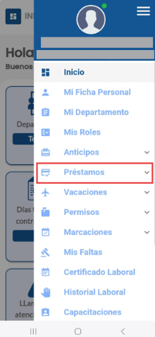 Menú con la opción Préstamos