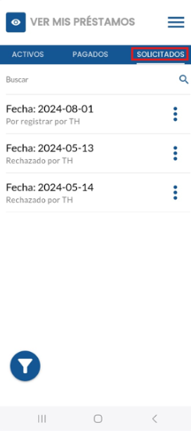 Listado de préstamos solicitados con botón de acciones