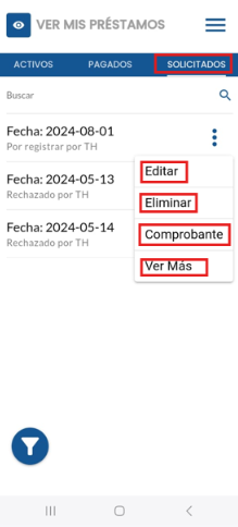 Acciones disponibles para cada préstamo solicitado