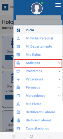 Menú con la opción Anticipos
