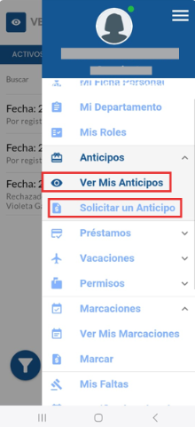 Opciones de la pantalla de anticipos