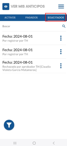 Listado de anticipos solicitados con sus detalles