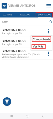 Acciones disponibles para cada anticipo solicitado