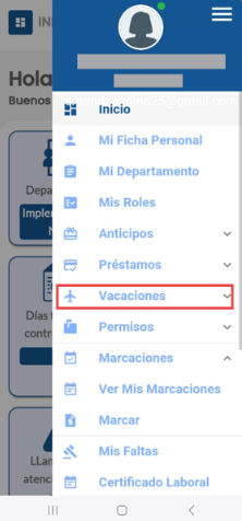 Menú con la opción Vacaciones