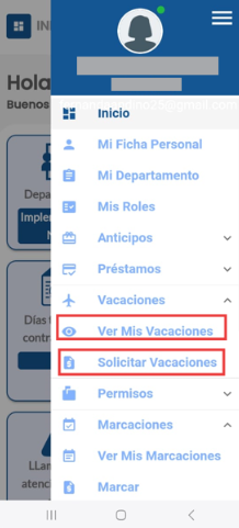Opciones de la pantalla de vacaciones