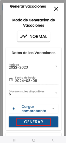 Botón Generar al final del formulario de vacaciones