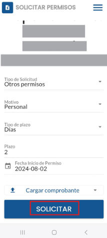Botón Solicitar al final del formulario de permiso