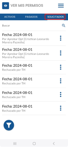 Listado de permisos solicitados con sus detalles
