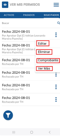 Acciones disponibles para cada permiso solicitado