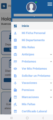 Menú principal con las opciones de solicitudes