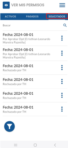 Listado de solicitudes pendientes en la aplicación