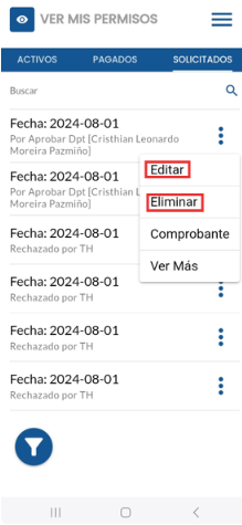 Solicitud específica seleccionada en el listado
