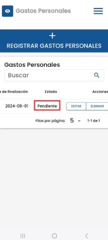 Listado de gastos personales con estado Pendiente