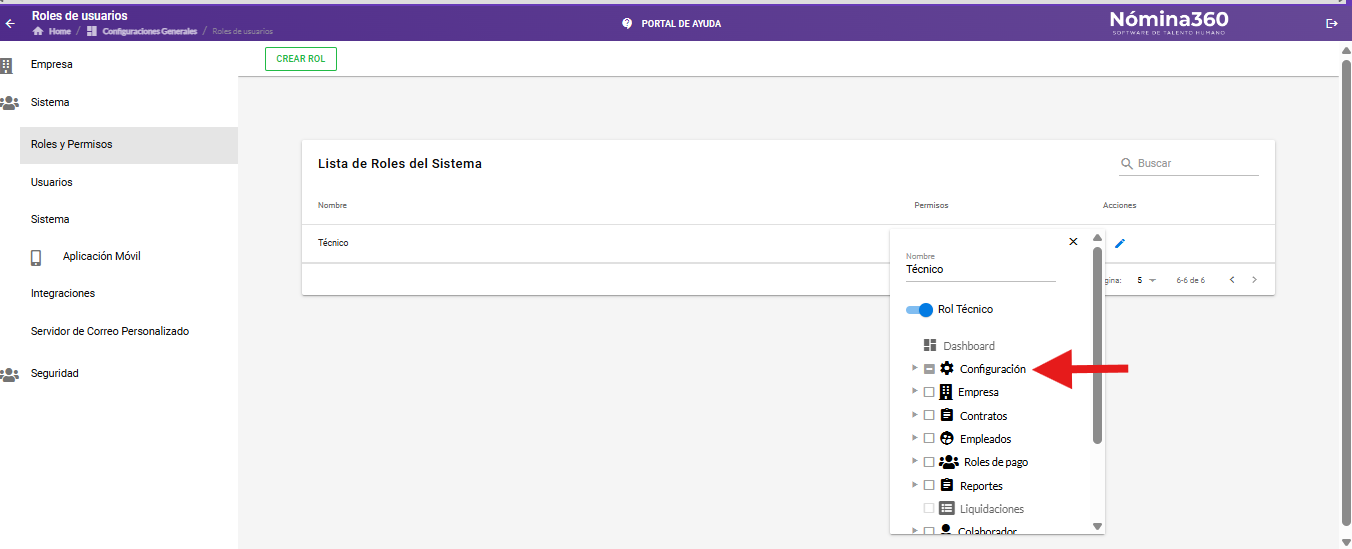 Sección Configuración expandida dentro del editor de permisos