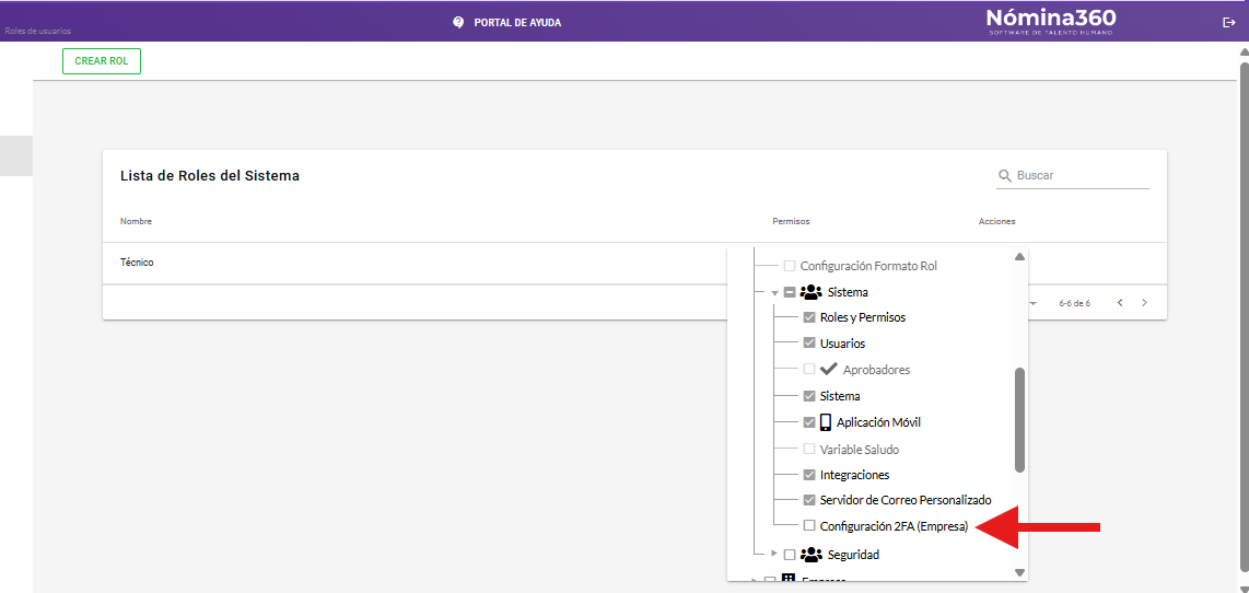 Casilla Configuración 2FA Empresa marcada en el editor de permisos