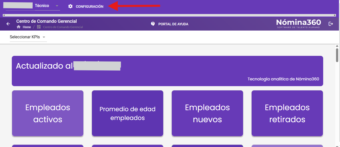Menú principal con la opción Configuración seleccionada