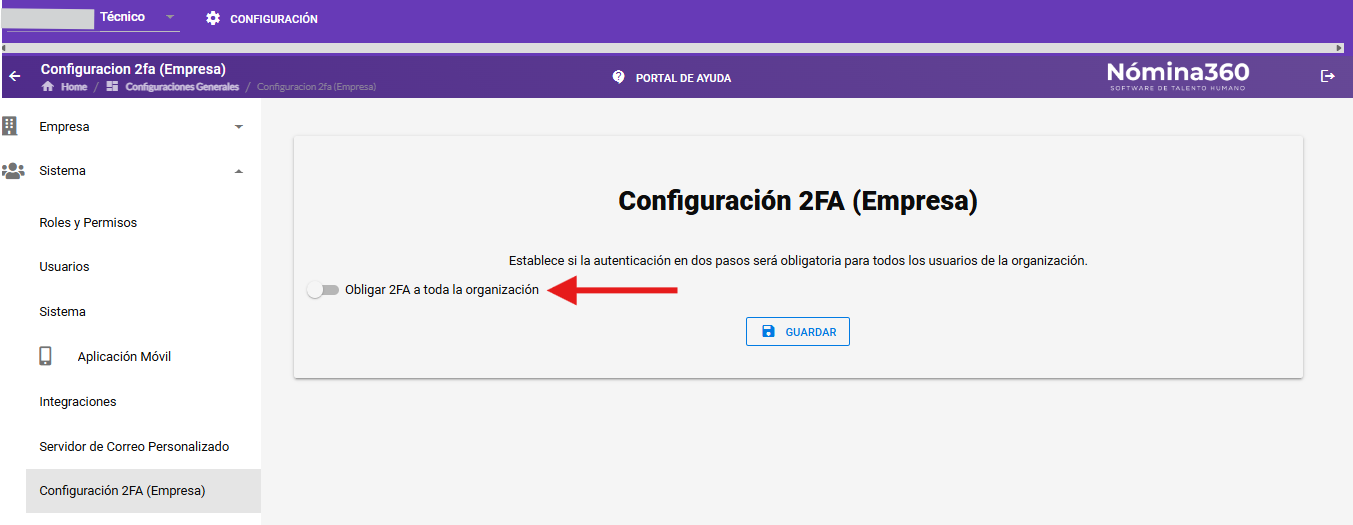 Opción Obligar 2FA a toda la organización habilitada