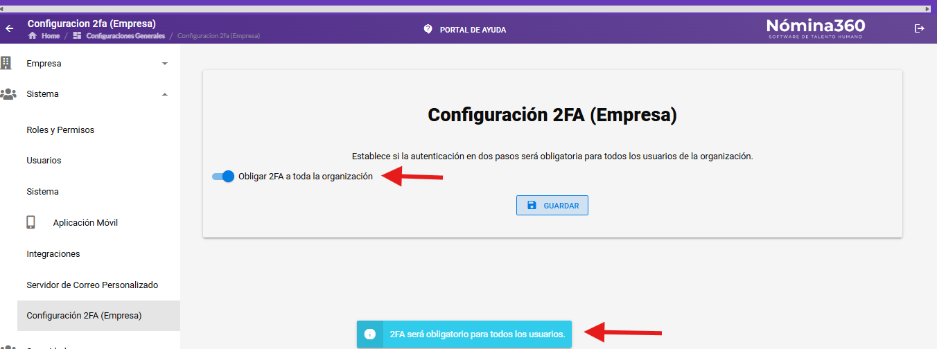 Mensaje informativo azul confirmando que 2FA será obligatorio