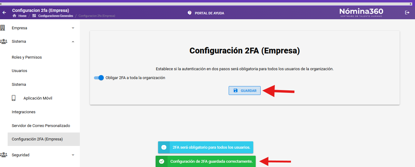 Mensaje verde de confirmación tras guardar la configuración 2FA