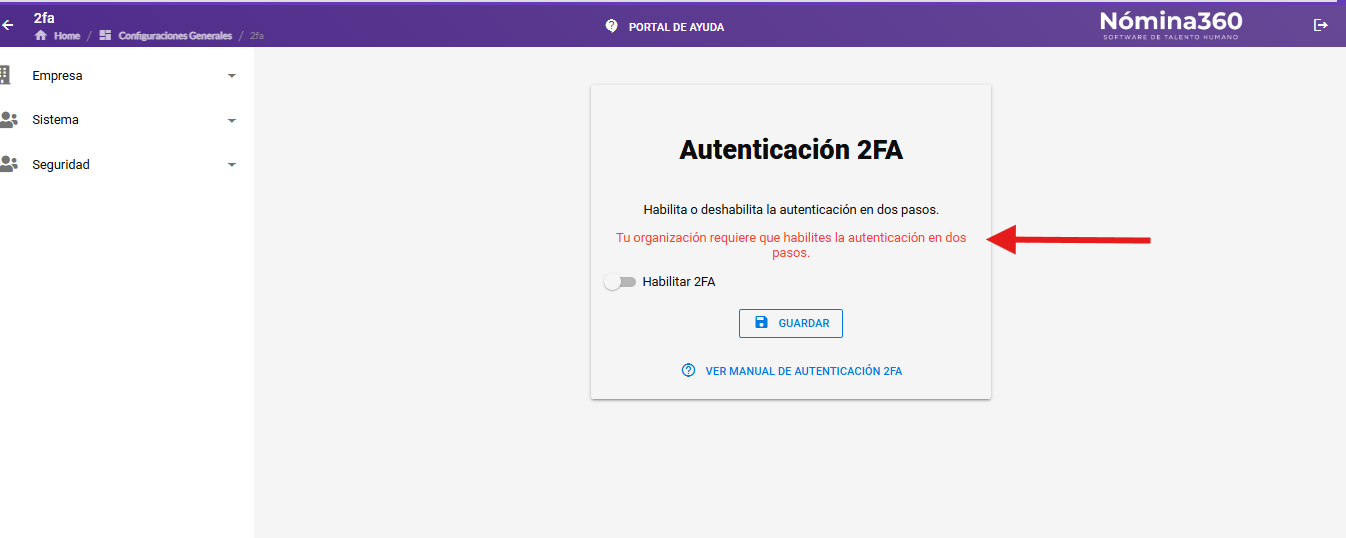 Mensaje en rojo en el sistema de Talento Humano exigiendo activar 2FA