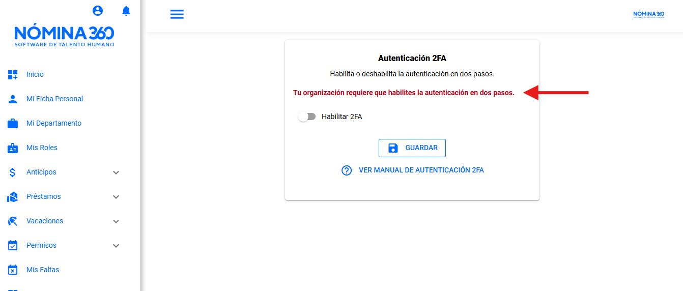 Mensaje en rojo en el Portal de Autoservicio exigiendo activar 2FA