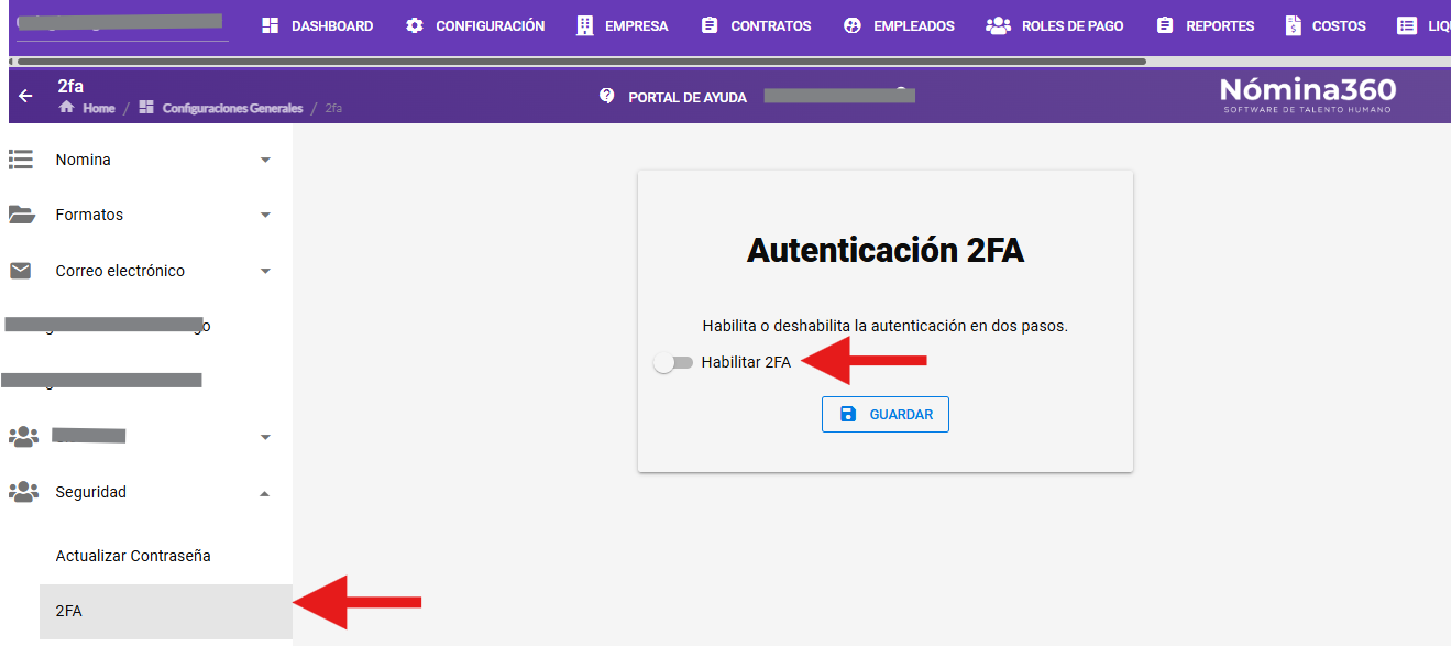 Pantalla de configuración 2FA desactivada por defecto