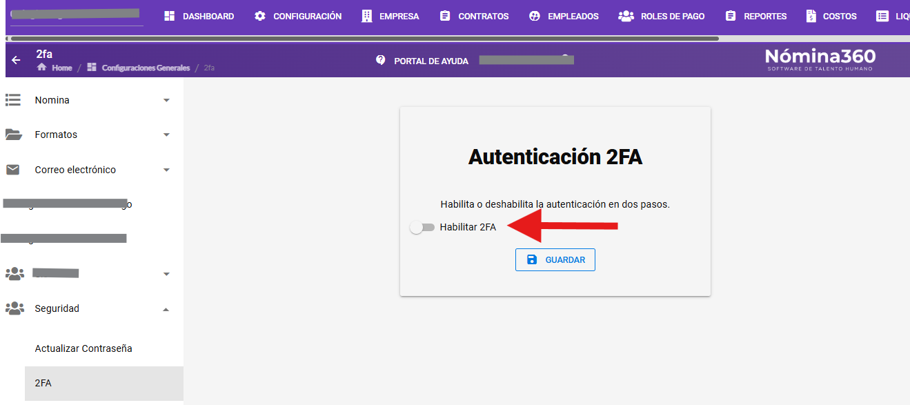 Botón Habilitar 2FA en la pantalla de configuración