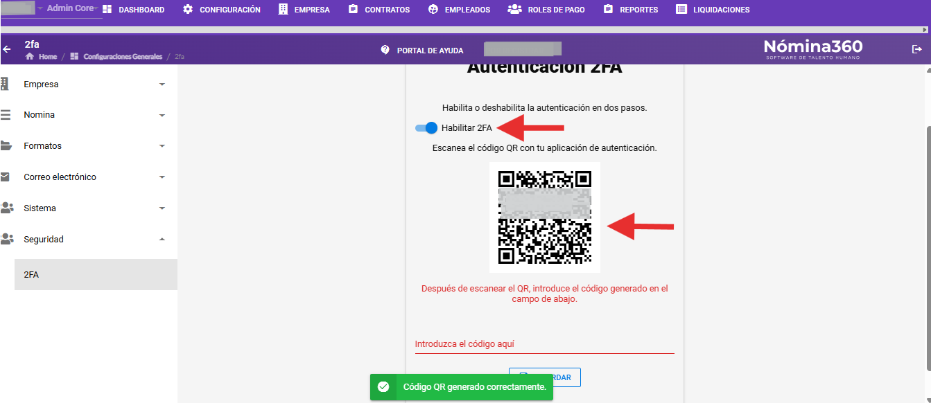 Código QR generado para la configuración del autenticador