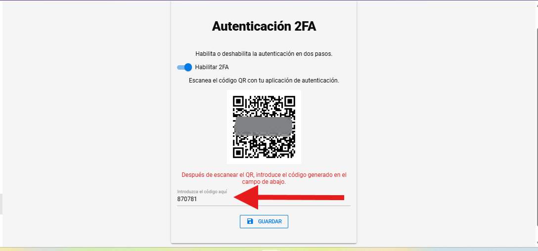 Campo Introduzca el código aquí en la pantalla de validación