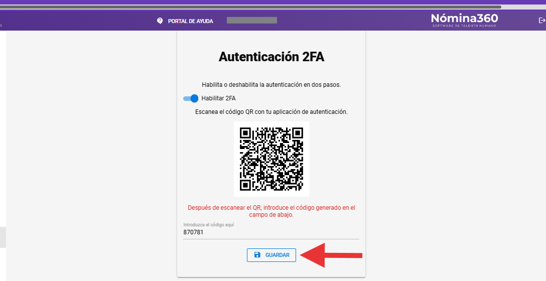 Mensaje de confirmación: Autenticación 2FA habilitada correctamente