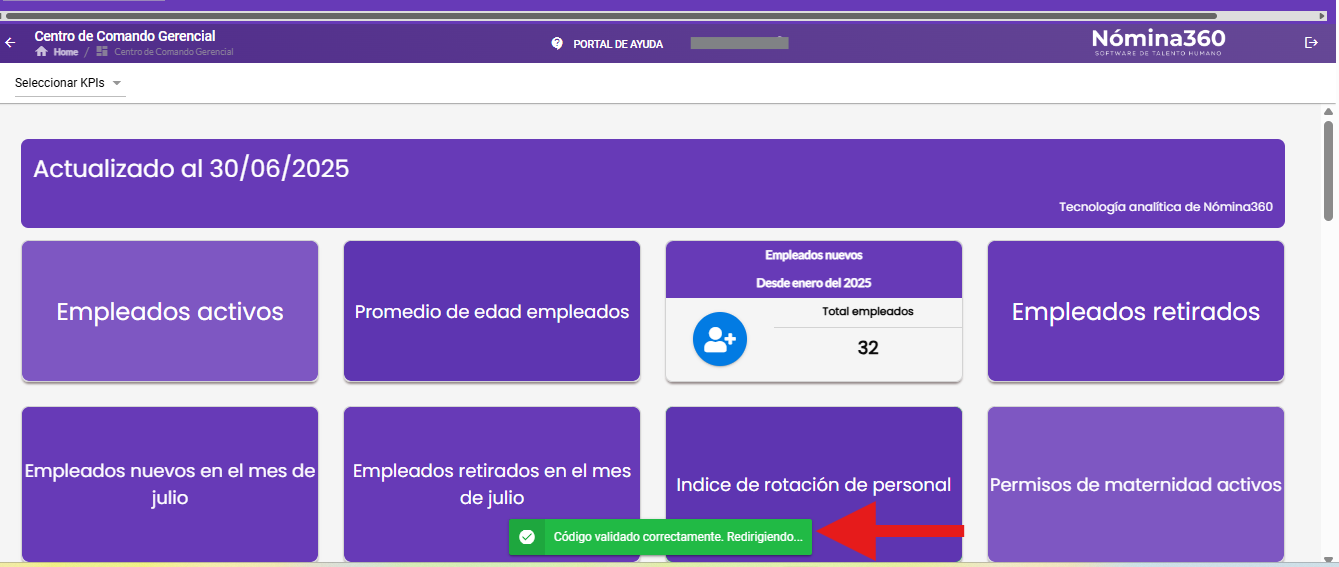 Mensaje de validación correcta del código 2FA