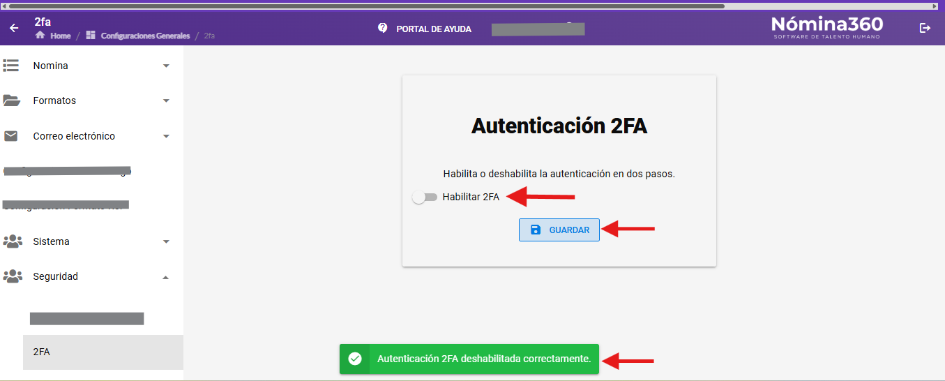 Botón GUARDAR para confirmar la deshabilitación de 2FA