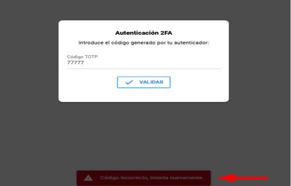 Mensaje de error: Código incorrecto, intenta nuevamente