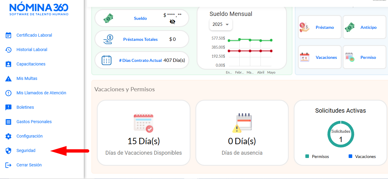 Menú lateral del Portal de Autoservicio con la opción Seguridad