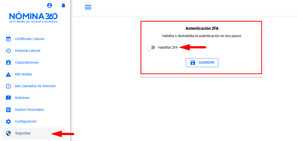 Pantalla de configuración 2FA desactivada en el Portal de Autoservicio