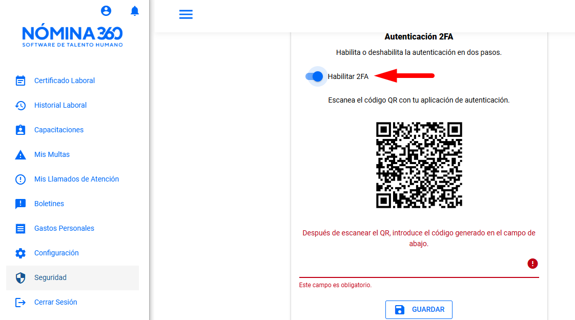 Botón Habilitar 2FA en la pantalla del Portal de Autoservicio