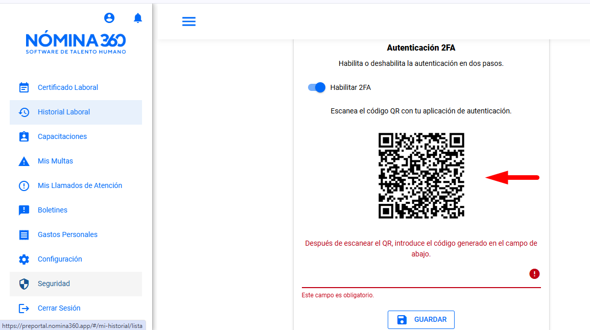 Código QR generado en el Portal de Autoservicio