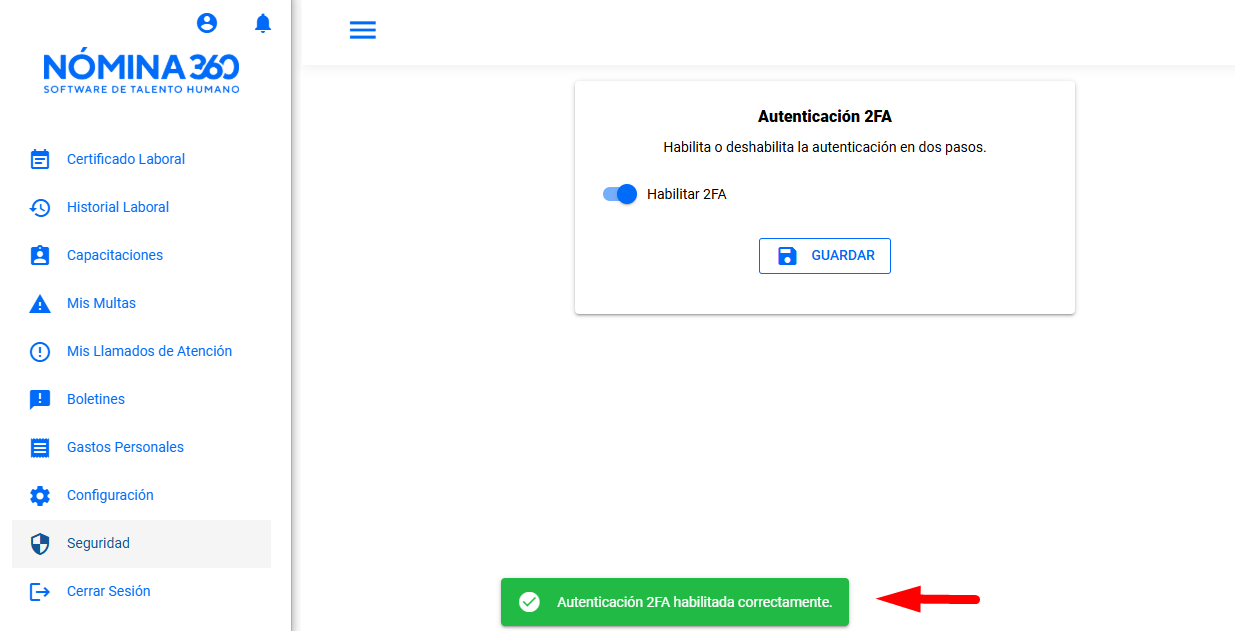 Mensaje de confirmación: Autenticación 2FA habilitada correctamente