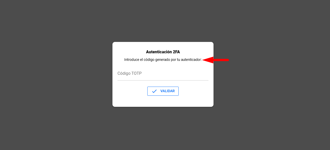 Pantalla solicitando el código generado por el autenticador
