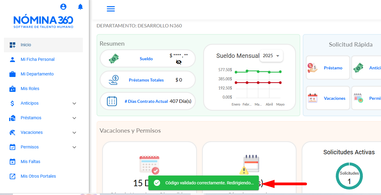 Mensaje de validación correcta del código 2FA