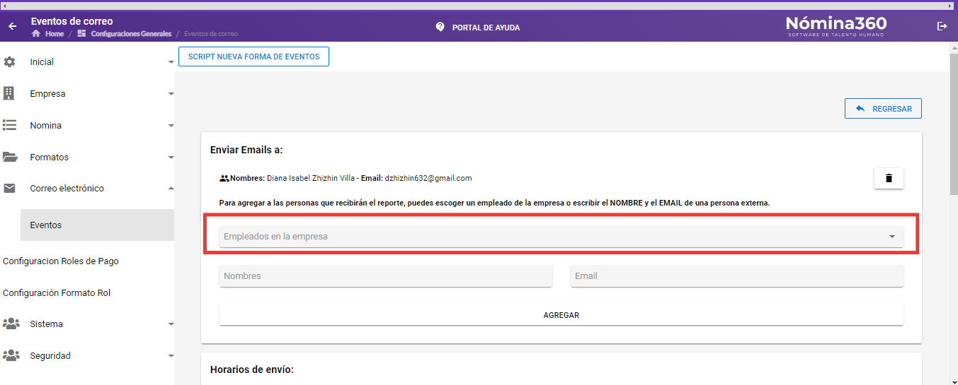 Sección para seleccionar empleado o ingresar persona externa como destinatario