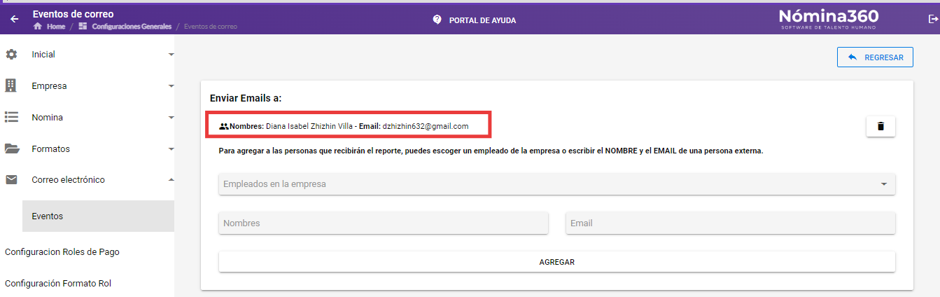 Destinatario confirmado en la parte superior de la pantalla