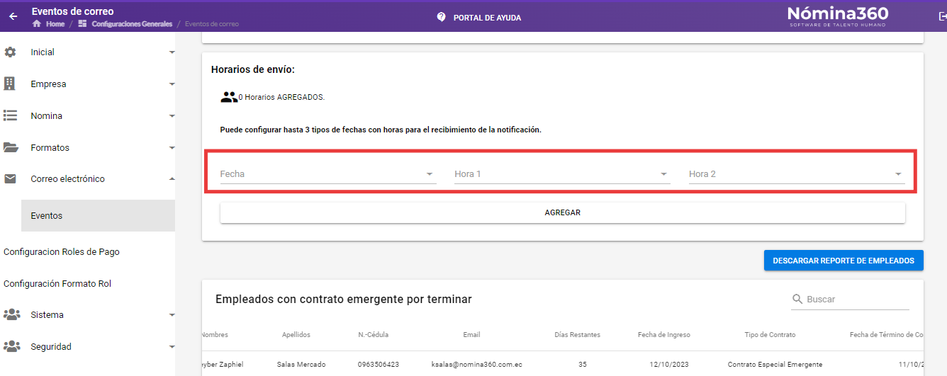 Formulario de horarios con los campos de fecha y hora